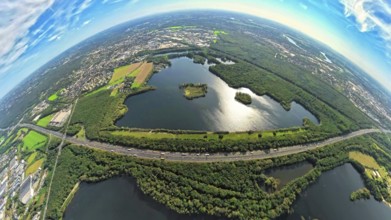 Aerial photo, Elbsee and Unterbacher See with forest area, motorway A46 at Hasseler Forst, earth