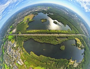 Aerial photo, Elbsee and Unterbacher See with forest area, motorway A46 at Hasseler Forst, earth