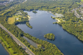 Aerial view, Unterbacher See with lido and campsite, sunny island, motorway A46, Unterbach,