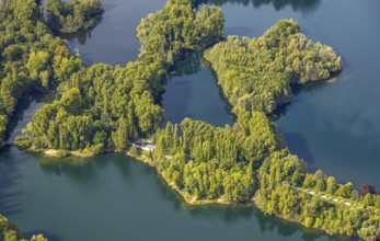 Aerial view, Elbsee and Menzelsee, footpath and green trees, Unterbach, Düsseldorf, Ruhr area,