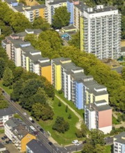 Aerial view, high-rise estate terraced houses Fürstenberger Straße, coloured house facades,