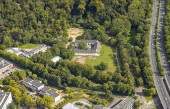 Aerial view, Henkel sewage treatment plant and Niederheld equestrian estate, Niederheider Wäldchen