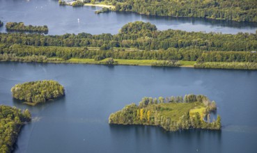Aerial view, Elbsee and Elbsee Island, A46 motorway, Unterbach, Düsseldorf, Ruhr area, North
