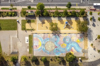 Aerial view, playground Kamper Acker, Holthausen, Düsseldorf, Ruhr area, North Rhine-Westphalia,