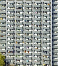 Aerial view, high-rise housing estate Fürstenberger Straße, balconies, shapes and colours, Hassels,