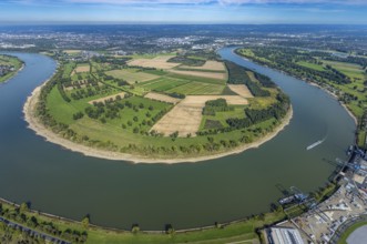 Aerial view, nature reserve Himmelgeister Rheinbogen, meadows and fields and green trees,