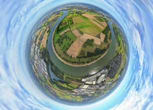 Aerial view, Himmelgeister Rheinbogen nature reserve, agricultural areas, river Rhine, earth globe,