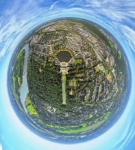 Aerial view, Benrath Castle with castle park and castle pond, globe, fisheye image, 360 degree