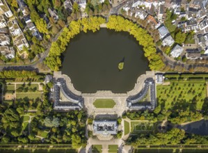 Aerial view, Benrath Castle with castle park and castle pond, Benrath, Düsseldorf, Ruhr area, North
