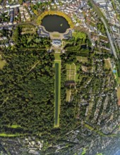 Aerial view, Benrath Castle with castle park and castle pond, globe, fisheye image, 360 degree