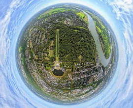 Aerial view, Benrath Castle with castle park and castle pond, globe, fisheye image, 360 degree