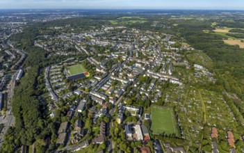 Aerial view, residential area district Gerresheim, sports field football stadium DJK Sportfreunde