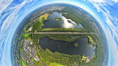 Aerial photo, Elbsee and Unterbacher See with forest area, motorway A46 at Hasseler Forst, earth