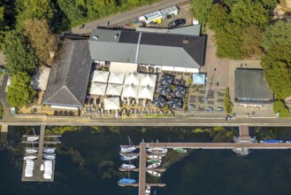 Aerial view, Se (h) restaurant at the boat harbour, outdoor gastronomy with deckchairs, benches and