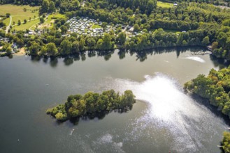 Aerial view, wooded island and campsite south Unterbacher See, Unterbach, Düsseldorf, Ruhr area,