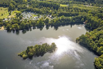 Aerial view, wooded island and campsite south Unterbacher See, Unterbach, Düsseldorf, Ruhr area,