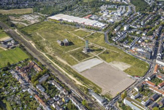 Aerial view, glassmaking quarter, historical sight of a former colliery, construction site with new