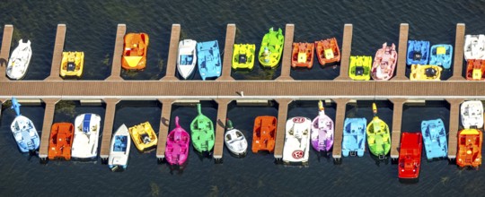 Aerial view, sailing boats at a jetty on the Unterbacher See at the campsite north, Unterbach,