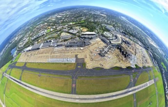 Aerial view, DUS Airport Düsseldorf with reception building and commercial area DUS Airport-City,
