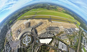 Aerial photo, DUS Airport Düsseldorf with reception building, globe, fisheye image, fisheye image,