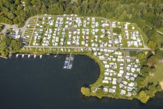 Aerial view, camping site at Unterbacher See, Unterbach, Düsseldorf, Ruhr area, North