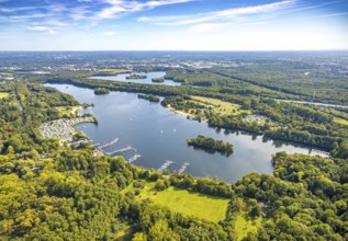 Aerial view, Unterbacher See with lido and campsite, motorway A46, Unterbach, Düsseldorf, Ruhr