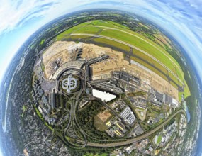 Aerial view, DUS Airport Düsseldorf with reception building and commercial area DUS Airport-City,