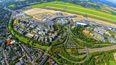 Aerial view, DUS Airport Düsseldorf with reception building and commercial area DUS Airport-City,