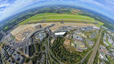Aerial view, DUS Airport Düsseldorf with reception building and commercial area DUS Airport-City,