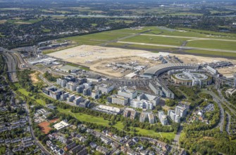Aerial view, DUS Airport Düsseldorf with terminal building and apron, commercial area DUS