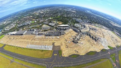 Aerial view, DUS Airport Düsseldorf with reception building and commercial area DUS Airport-City,