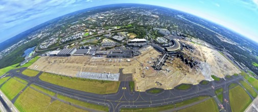 Aerial view, DUS Airport Düsseldorf with reception building and commercial area DUS Airport-City,
