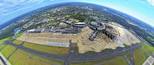 Aerial view, DUS Airport Düsseldorf with reception building and commercial area DUS Airport-City,