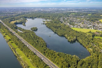 Aerial view, Unterbacher See with lido and campsite, sunny island, motorway A46, Unterbach,