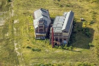 Aerial view, glassmaker's quarter, old buildings and historical sight of a former colliery,