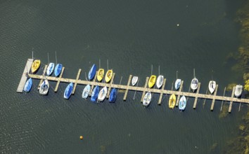 Aerial view, sailing boats at a jetty on the Unterbacher See at the campsite north, Unterbach,