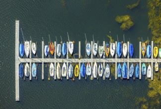 Aerial view, sailing boats at a jetty on the Unterbacher See at the campsite north, Unterbach,