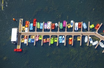 Aerial view, colourful pedal boats at a jetty on the Unterbacher See at the campsite north,