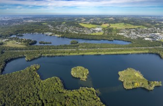 Aerial view, Elbsee with Elbsee island and Unterbacher See with Sonneninsel, motorway A46,