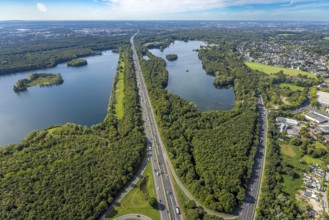 Aerial photograph, Elbsee and Unterbacher See, motorway A46, Unterbach, Düsseldorf, Ruhr area,