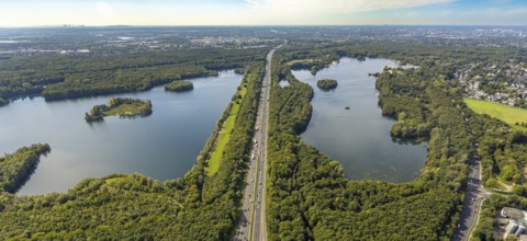 Aerial view, Elbsee with Elbsee island and Unterbacher See with Sonneninsel, motorway A46,
