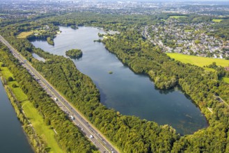 Aerial view, Unterbacher See with lido and campsite, sunny island, motorway A46, Unterbach,