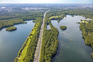 Aerial view, Unterbacher See with lido and campsite, sunny island, motorway A46, Unterbach,