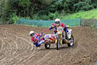 Motocross, Rudersberg, Baden-Württemberg, Germany, Europe, Rider duo with sidecar at high speed
