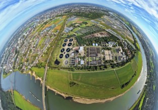 Aerial view, sewage treatment plant Düsseldorf-Süd Volmerswerth, earth globe, fisheye image, 360