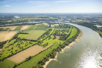 Aerial view, nature reserve Himmelgeister Rheinbogen, meadows and fields and green trees,