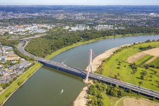 Aerial view, Fleher Bridge with bridge pylon over the river Rhine, inland navigation, motorway A46,