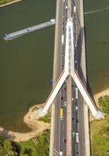 Aerial view, Fleher Bridge with bridge pylon over the river Rhine, inland navigation, motorway A46,