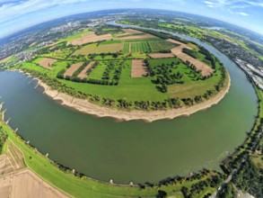 Aerial view, Himmelgeister Rheinbogen nature reserve, agricultural areas, river Rhine, earth globe,