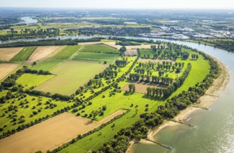 Aerial view, nature reserve Himmelgeister Rheinbogen, meadows and fields and green trees,